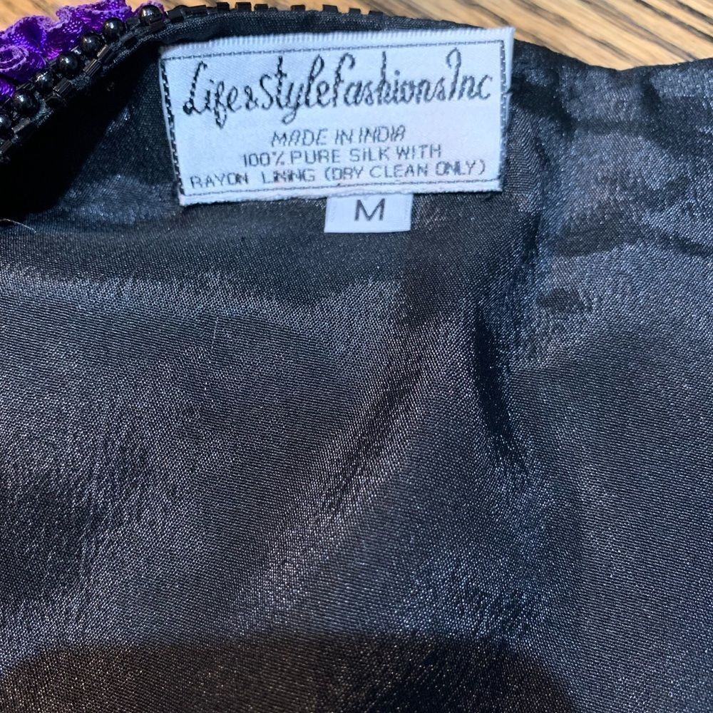 Vtg Rear Life & Style fashions Inc. 100% Pure Silk Ribbon Beaded Sequin Jacket M - Picture 7 of 13